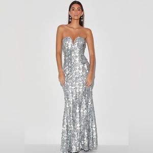 Ballroom Beauty Matte Silver Sequin Strapless Mermaid Maxi Dress Size XS